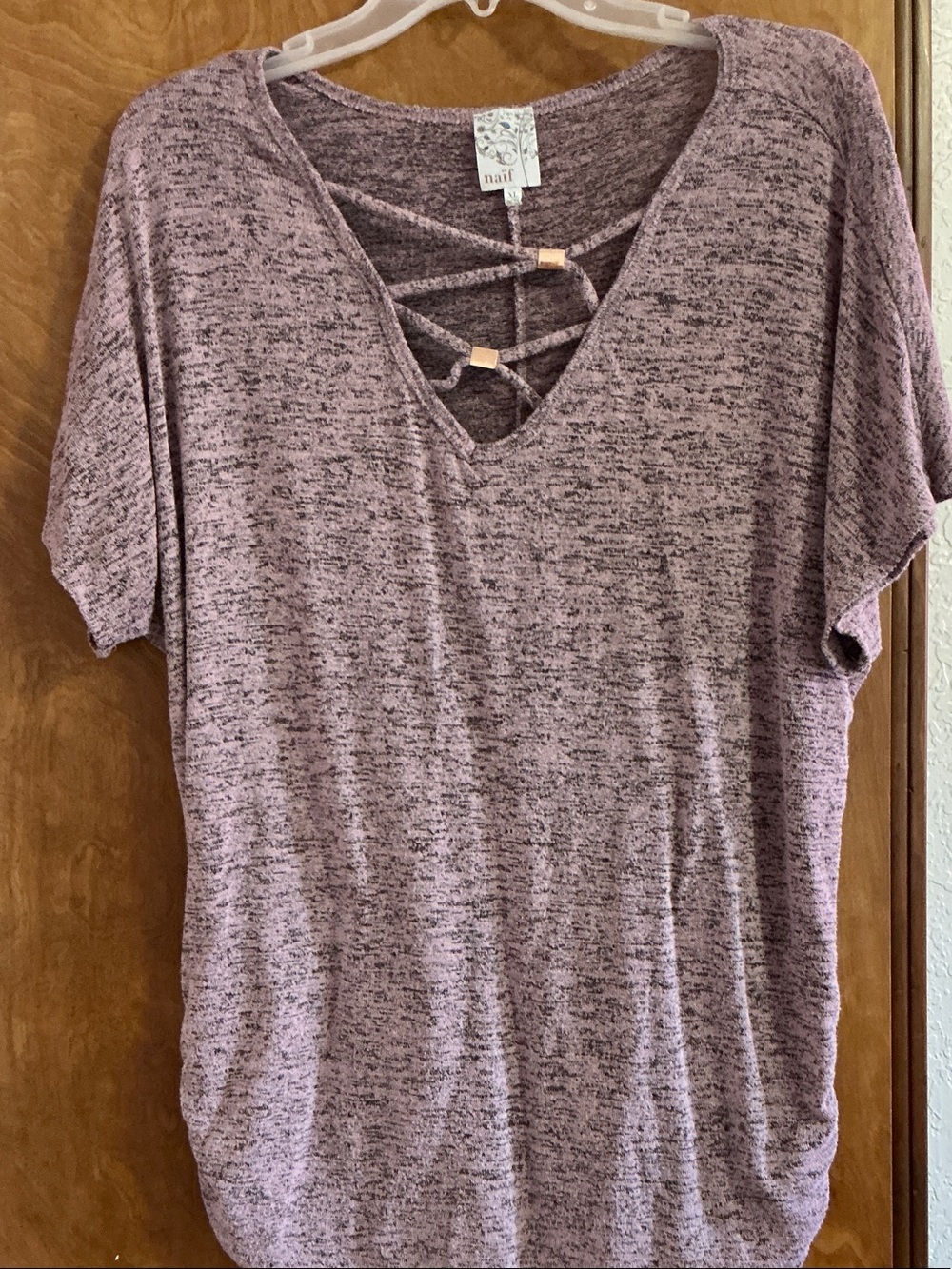NAIF Heathered Mauve Short Sleeve V-Neck Top with Crisscross Detail